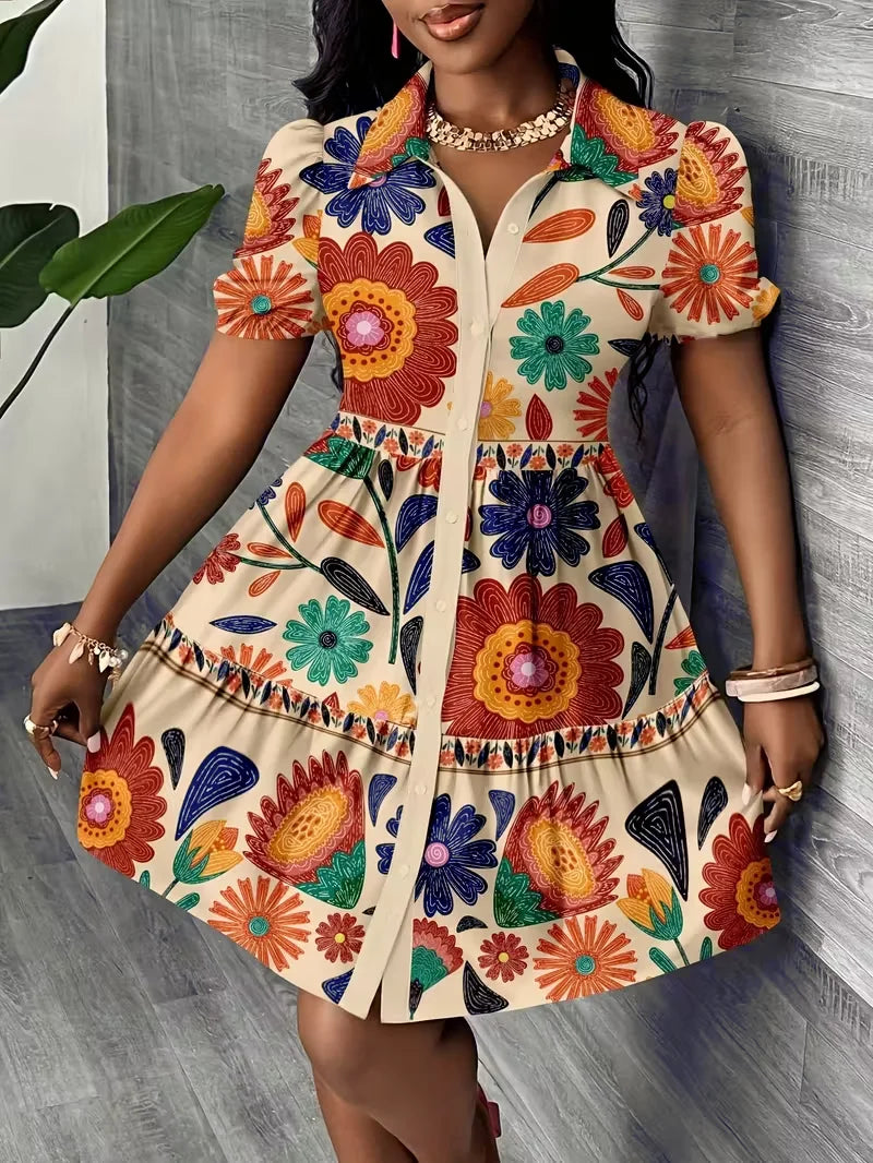 Floral Mini A-Line Puff Sleeve Shirt Dress