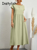 Robe longue élégante manches courtes lin coton ample