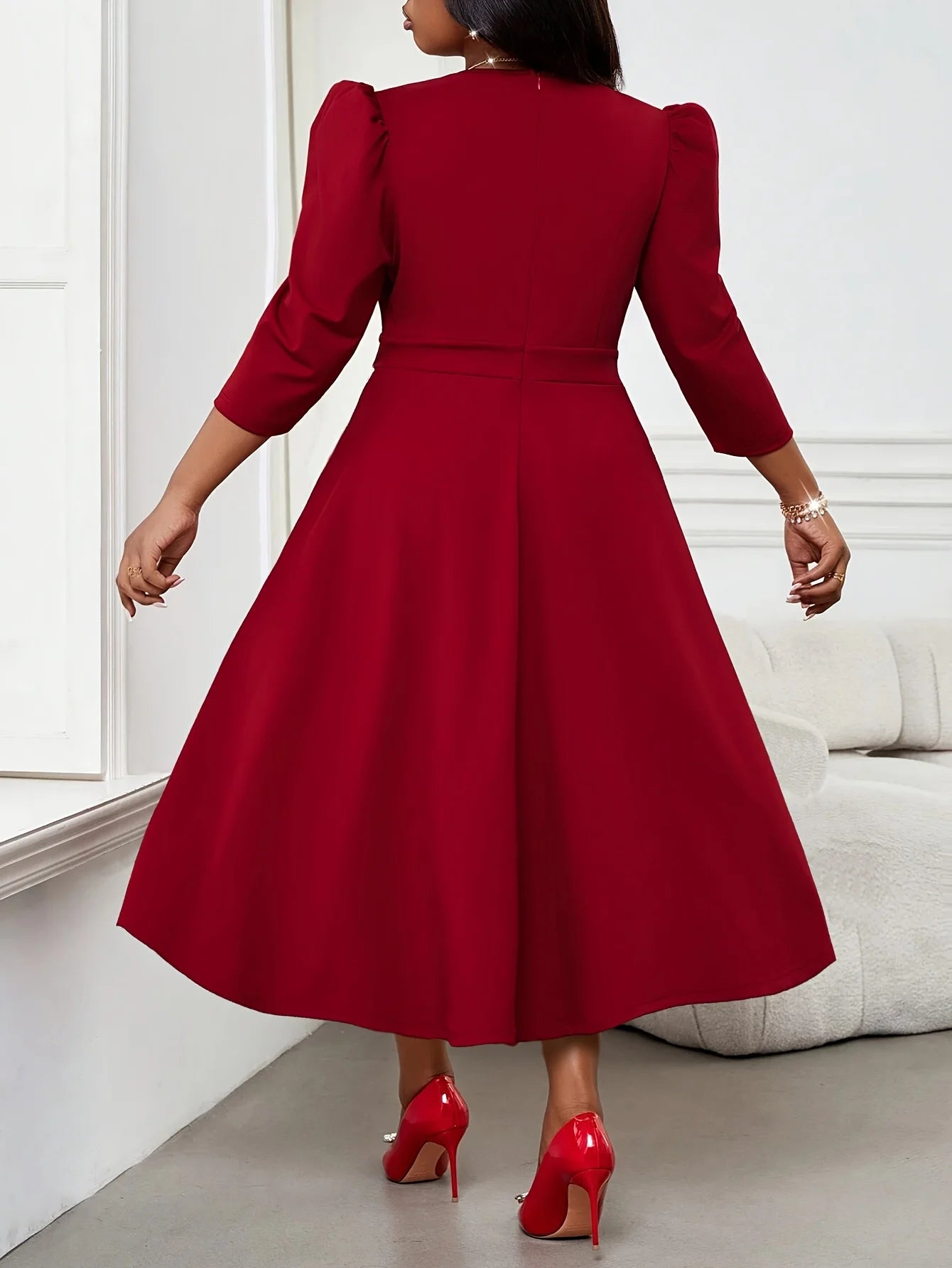 Vestido Rojo Elegante Mujer Talla Grande Manga 3/4