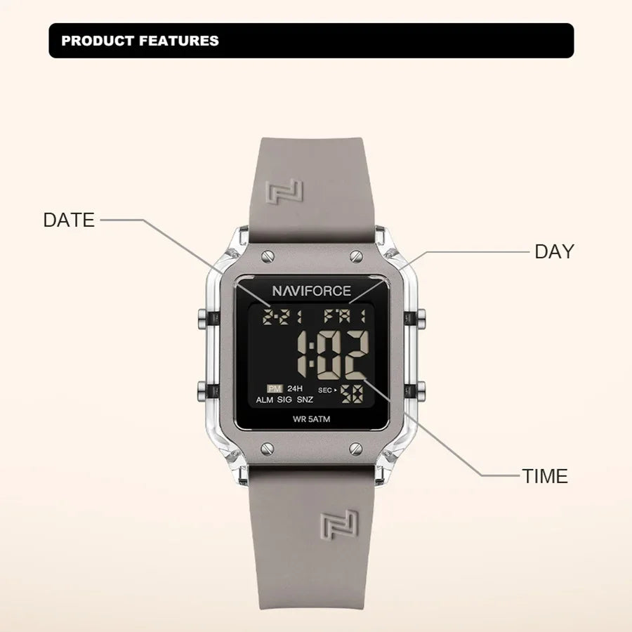 Reloj Digital Multifunción NAVIFORCE NF6105 Para Mujer con Correa de Silicona Resistente al Agua