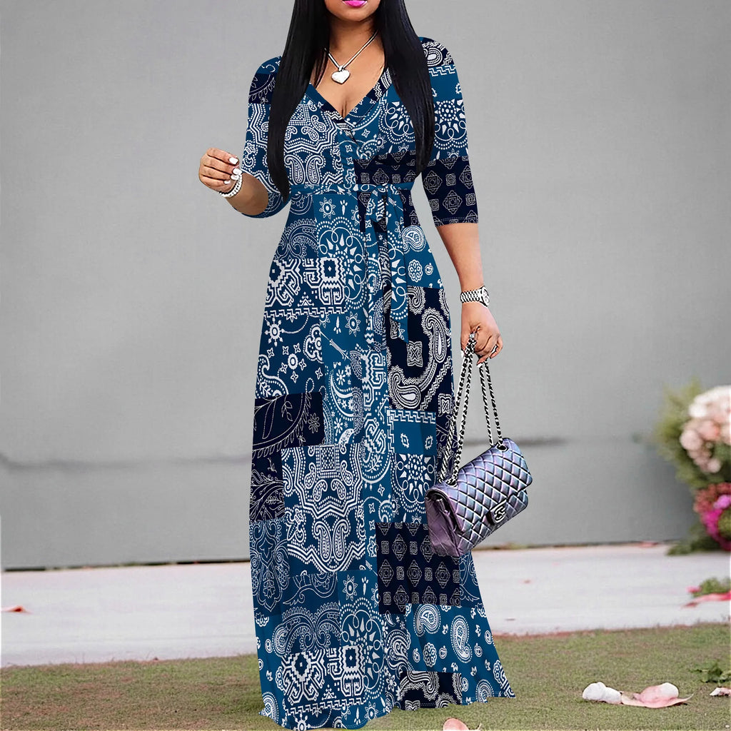 Vestido Maxi Mujer Talla Grande Estampado Manga 3/4 con Cinturón