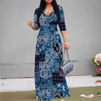 Robe longue femme grande taille imprimée manches 3/4 avec ceinture