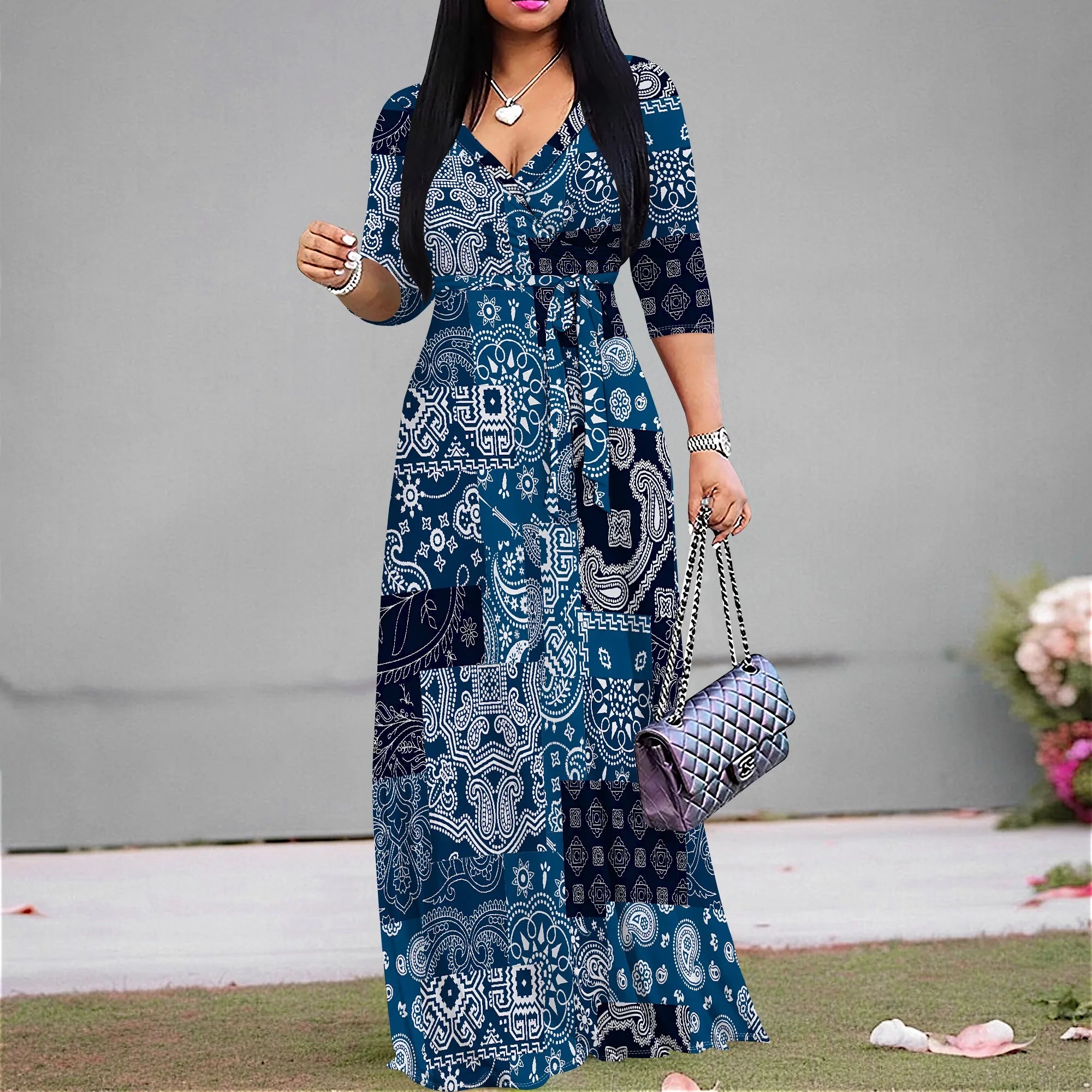 Vestido Maxi Mujer Talla Grande Estampado Manga 3/4 con Cinturón