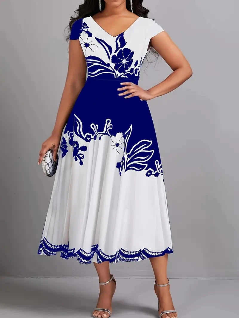 Vestido Mujer Talla Grande Floral Peplum Cuello V Cierre Cremallera