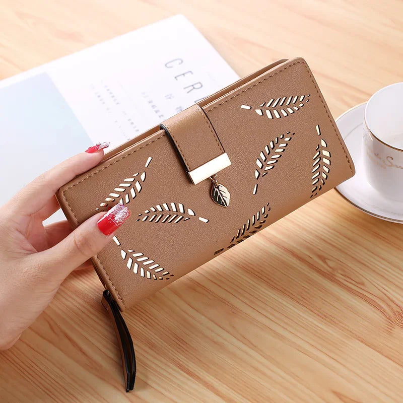 Cartera Larga Para Mujer Cuero PU Diseño de Hojas