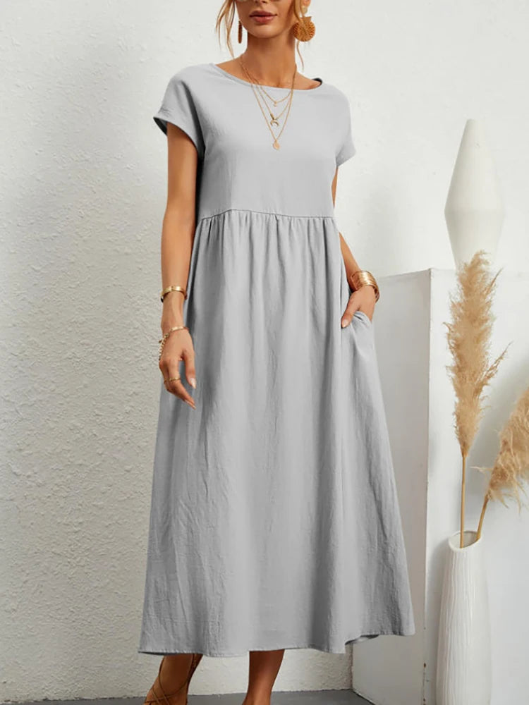 Elegant Short Sleeve Round Neck Maxi Dress