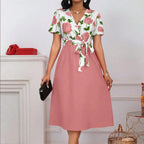 Robe Midi Florale Col V Ceinture Nouée /Décontracté /Mariage
