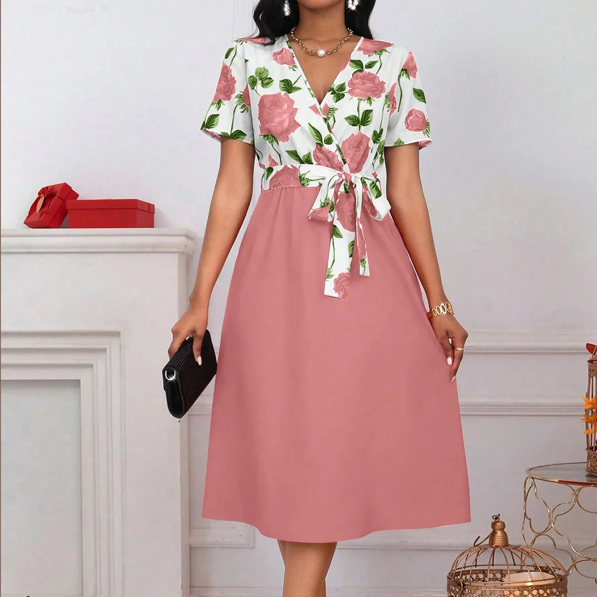 Floral V-Neck Knot-Waist Midi Dress /Casual /Wedding