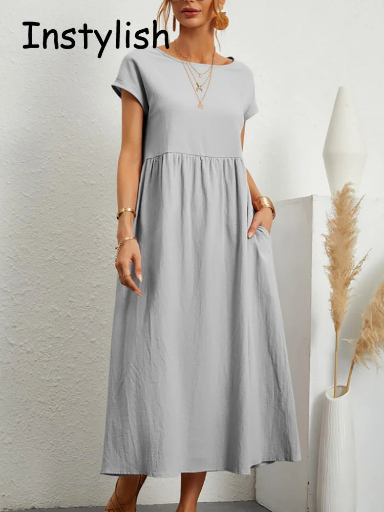 Elegant Maxi Dress Loose Short Sleeve Linen Cotton