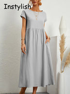 Robe longue élégante manches courtes lin coton ample