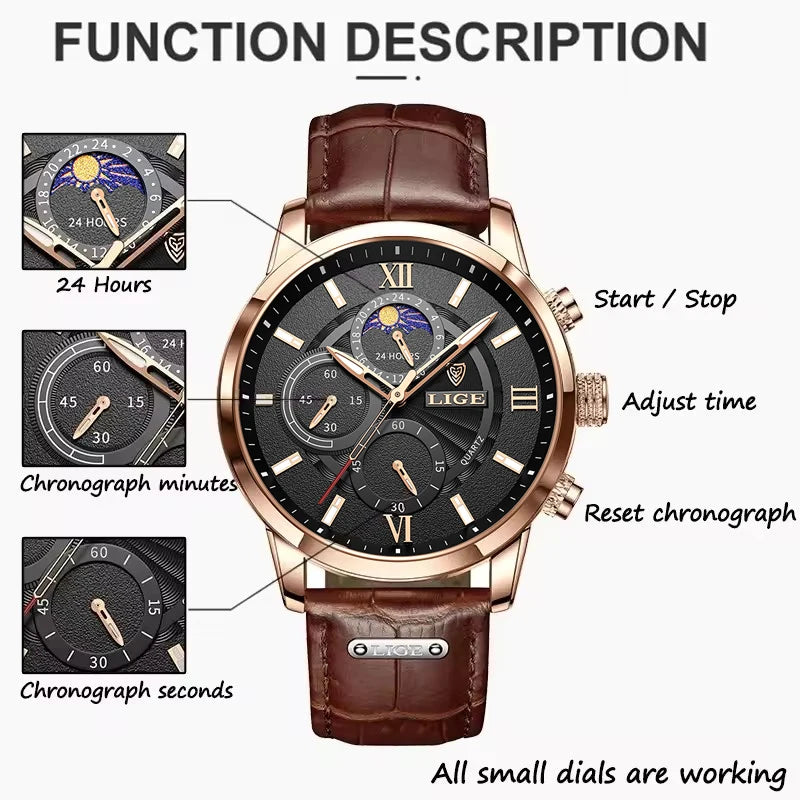 Reloj Hombre LIGE Lujo Cuarzo Cuero Deportivo Resistente al Agua