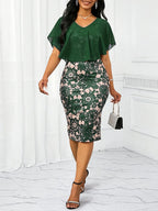 Robe midi élégante en mousseline fleurie moulante à volants pour femme