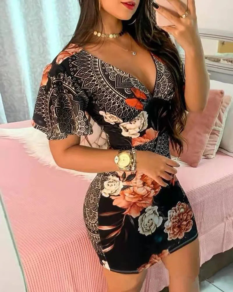 Women's Elegant Floral Bodycon Mini Dress