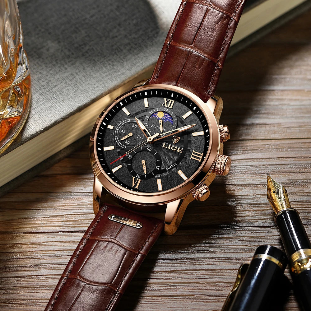 Reloj Hombre LIGE Lujo Cuarzo Cuero Deportivo Resistente al Agua