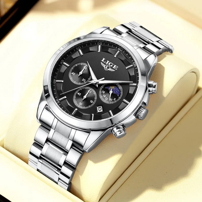 Reloj Hombre LIGE Negocios Cuarzo Cronógrafo Luminoso 3ATM + Caja Regalo