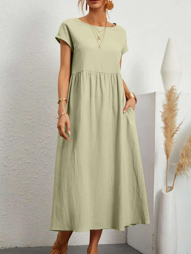 Elegant Maxi Dress Loose Short Sleeve Linen Cotton