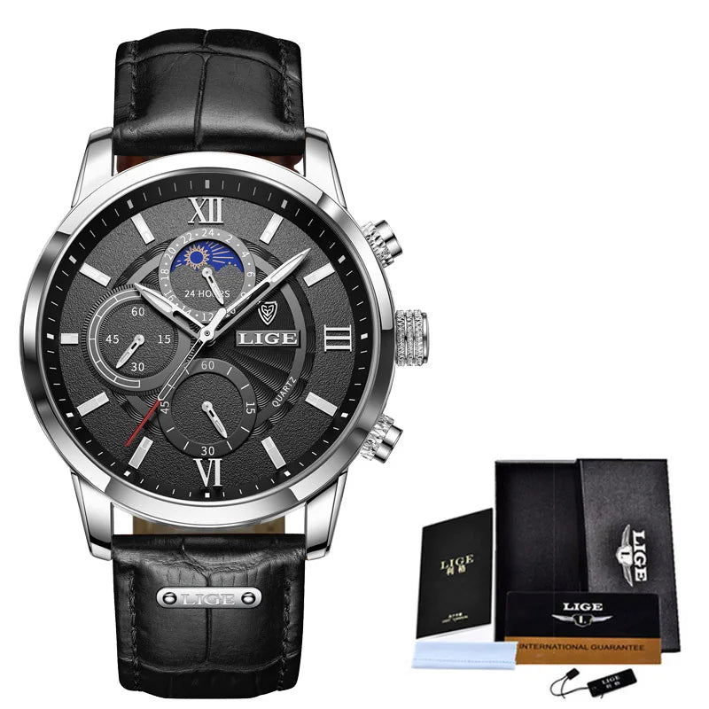Reloj Hombre LIGE Lujo Cuarzo Cuero Deportivo Resistente al Agua
