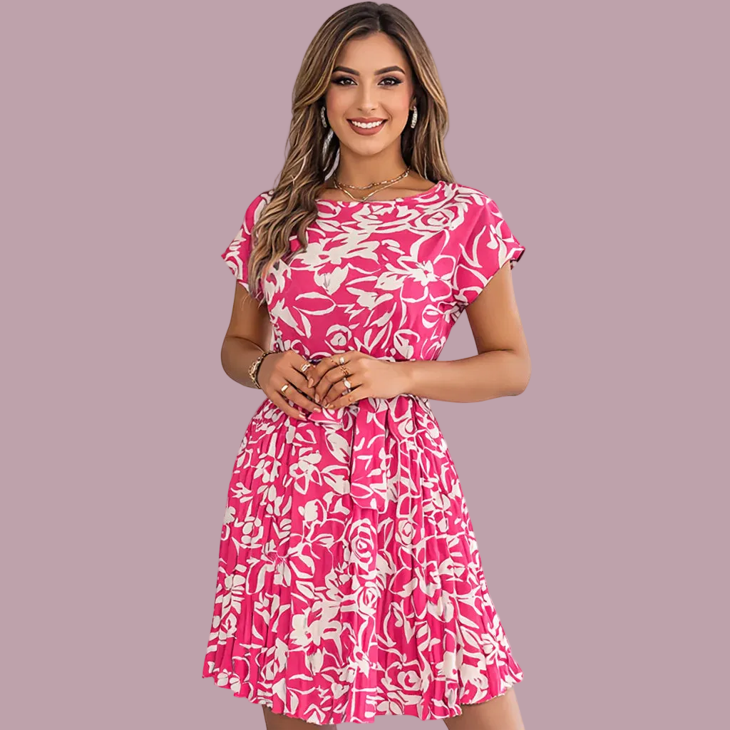 Tied Pleated Printed Short Sleeve Dress TDS