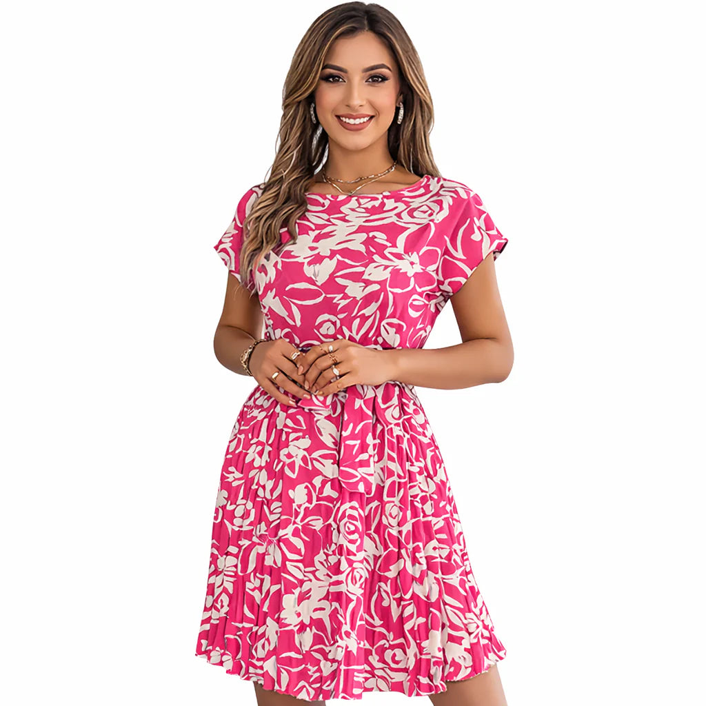Tied Pleated Printed Short Sleeve Dress TDS